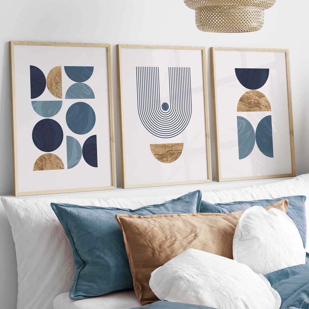 Mid Century Geometric Wall Art Prints / Framed in Blue and Gold | Artze Wall Art UK