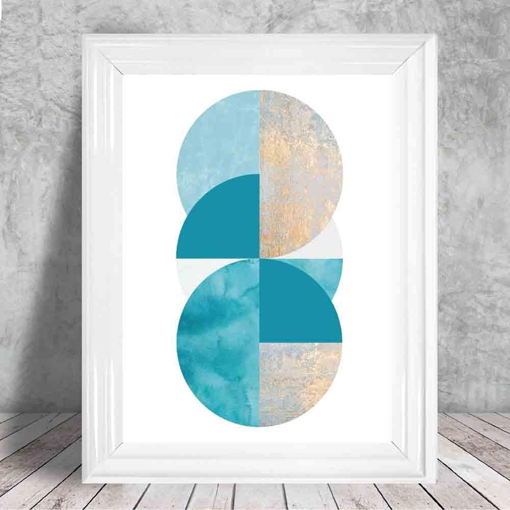 GEOMETRIC Aqua Blue and Gold Art Print Abstract Circles 02