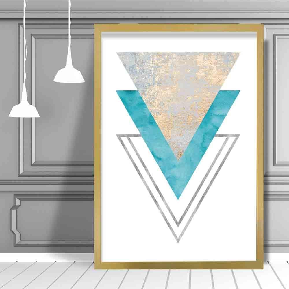 GEOMETRIC Aqua Blue and Gold Art Print Abstract Textured Pattern 02