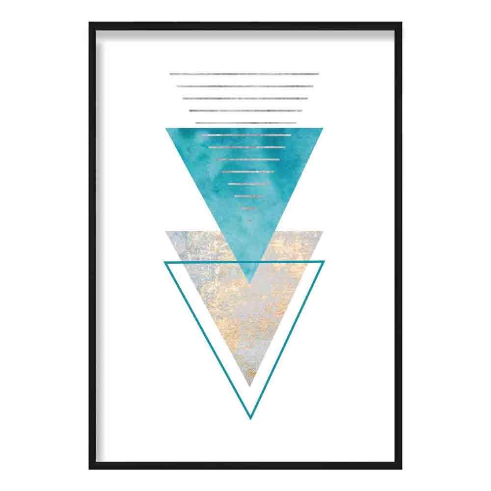 GEOMETRIC Aqua Blue and Gold Art Print Abstract Triangles 03