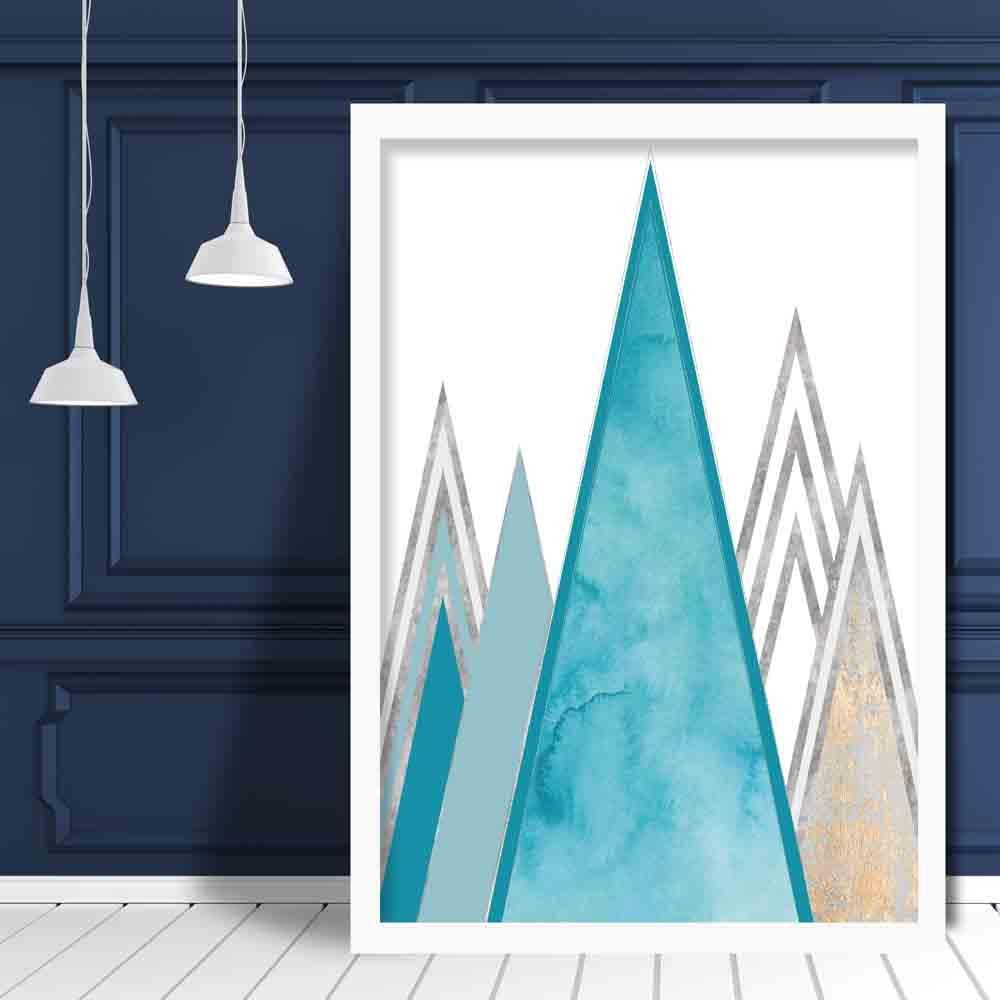 GEOMETRIC Aqua Blue and Gold Art Print Abstract Triangles 02