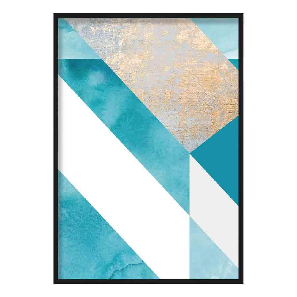 GEOMETRIC Aqua Blue and Gold Art Print Abstract Textured Pattern 01