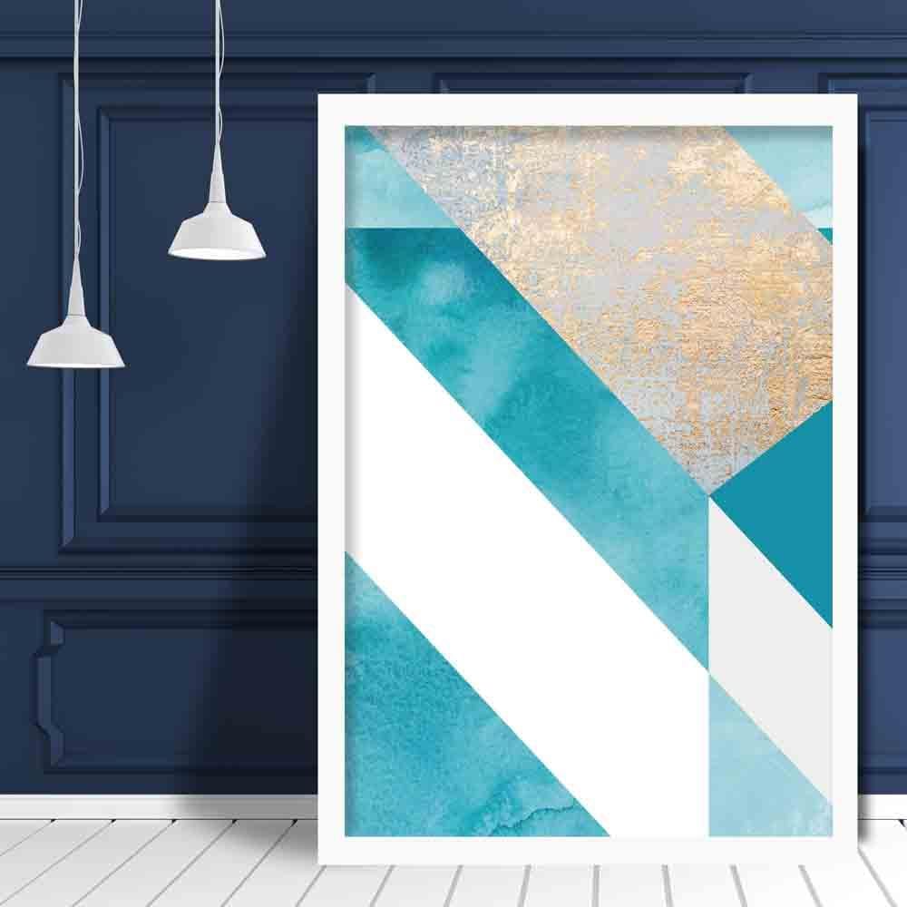 GEOMETRIC Aqua Blue and Gold Art Print Abstract Textured Pattern 01