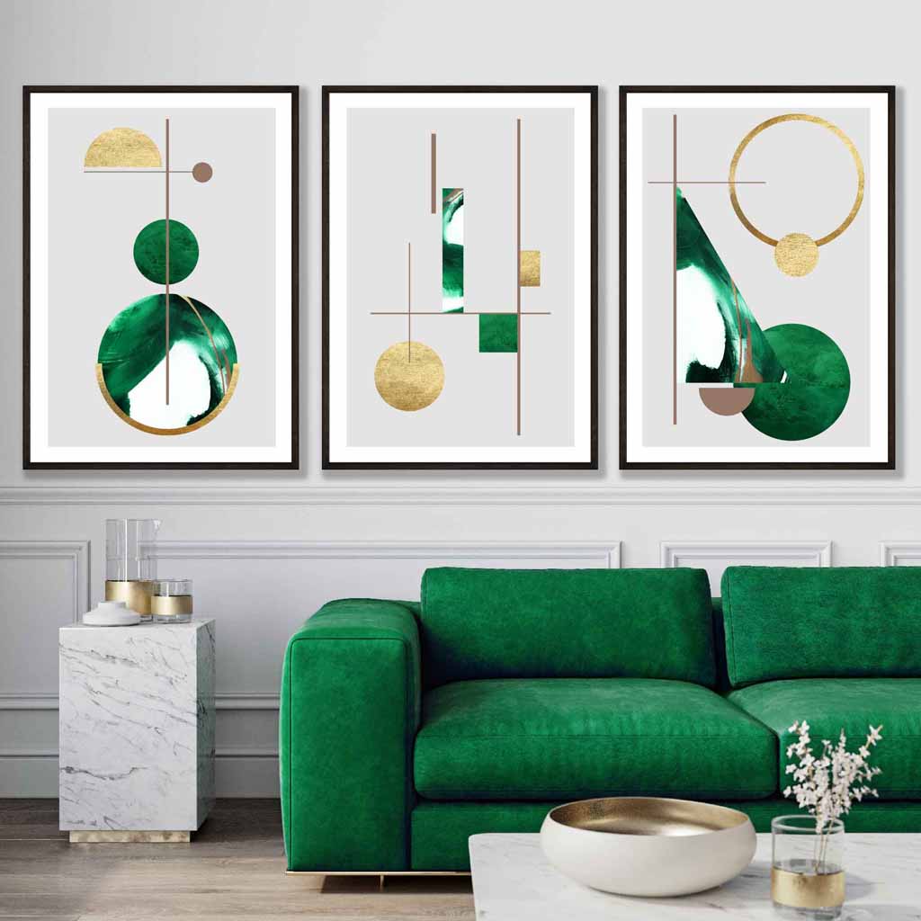 Art Deco Set of 3 Textured Geometric Wall Art Prints in Green and Gold