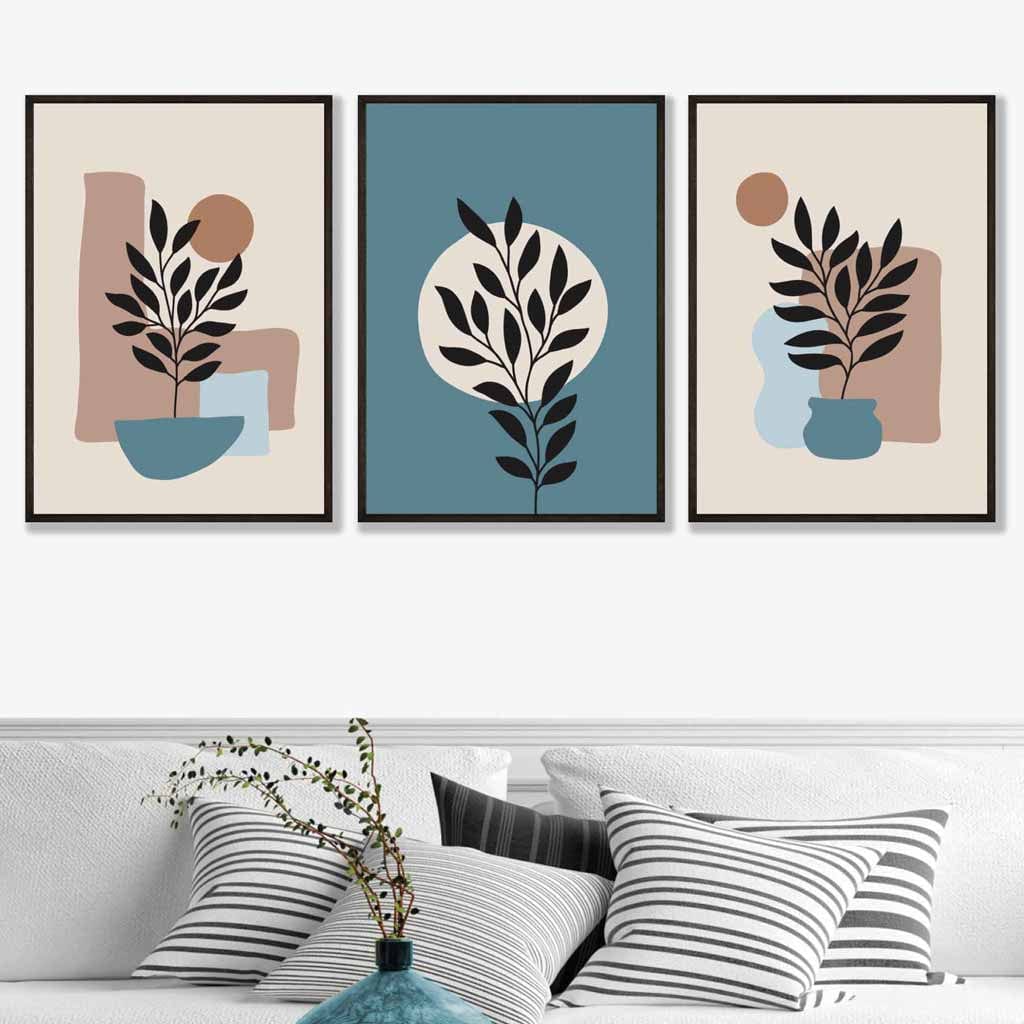 Botanical Set of 3 Boho Framed Wall Art Prints in Blue | Cream | Artze Wall Art UK