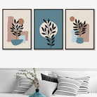 Botanical Set of 3 Boho Framed Wall Art Prints in Blue | Cream | Artze Wall Art UK