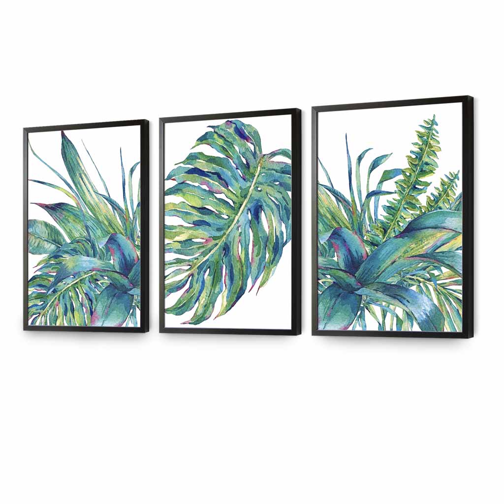 Set of 3 Watercolour Green Blue Tropical Leaves Wall Art Framed Prints | Artze Wall Art UK