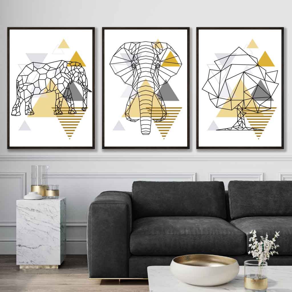 Set of 3 Scandinavian GEOMETRIC YELLOW & Grey ELEPHANT and Tree Art Prints