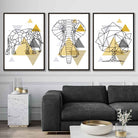 Set of 3 Scandinavian GEOMETRIC YELLOW & Grey ELEPHANT and Tree Art Prints