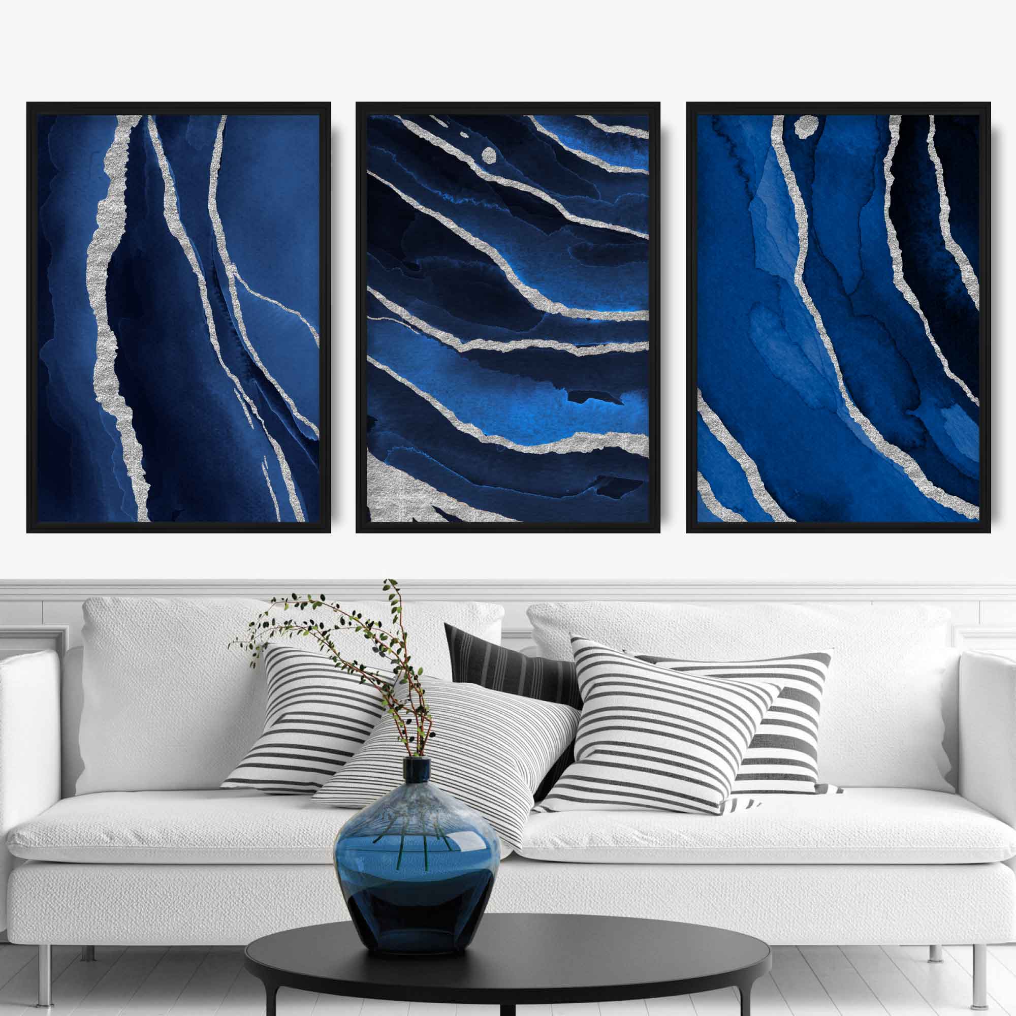 Framed Set of 3 Navy and Silver Abstract Art Prints | Artze Wall Art UK
