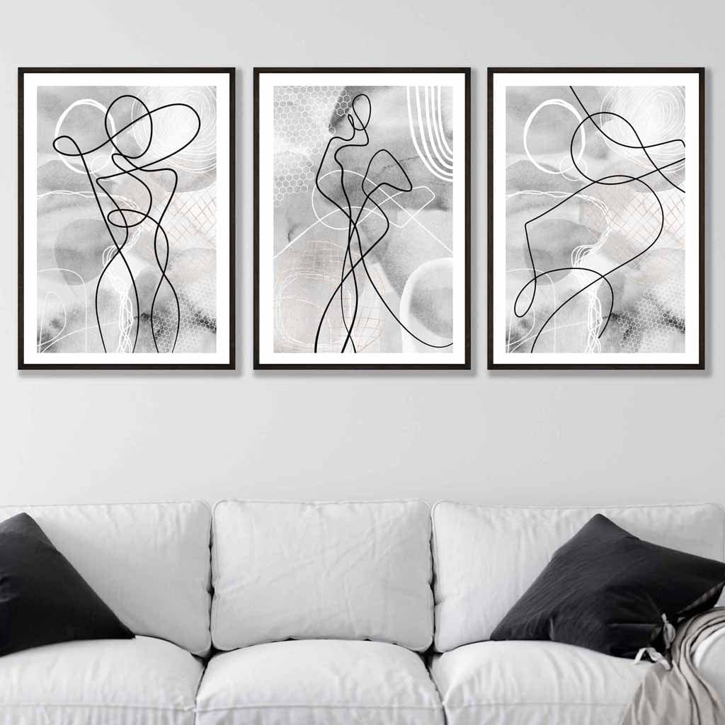 Abstract Set of 3 Fashion Line Art Wall Art Prints in Black & Grey