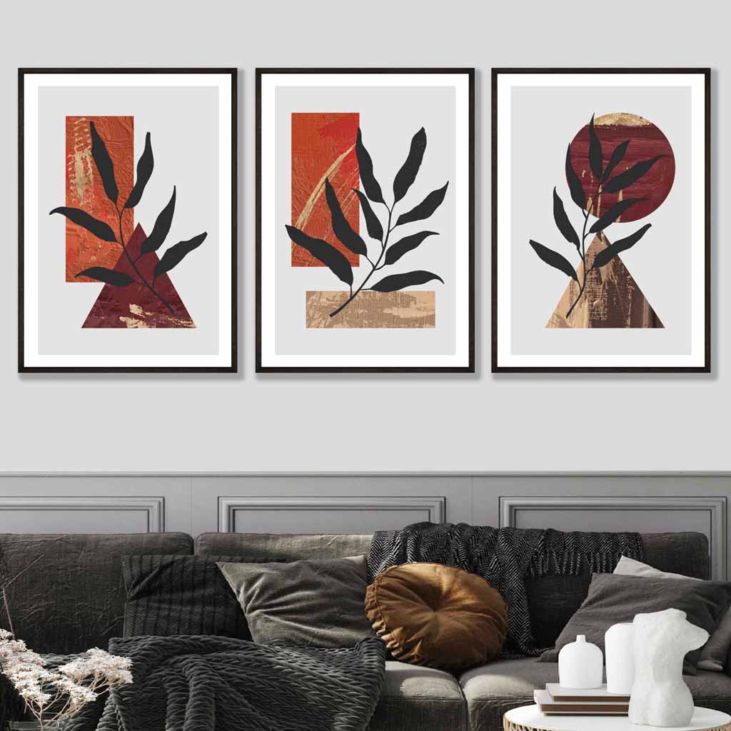 Mid Century Modern Set of 3 Wall Art Prints in Orange & Gold