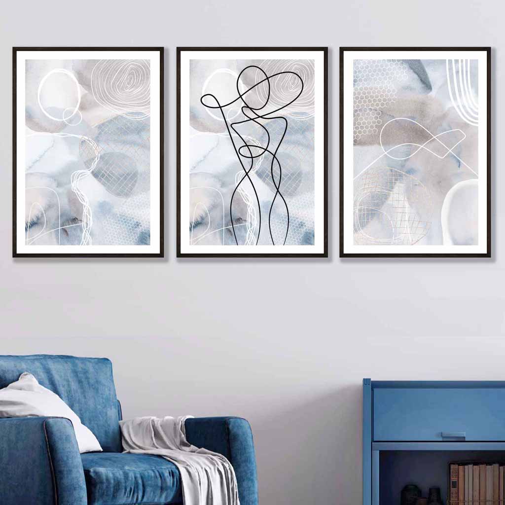 Abstract Set of 3 Fashion Line Art Wall Art Prints in Blue & Beige
