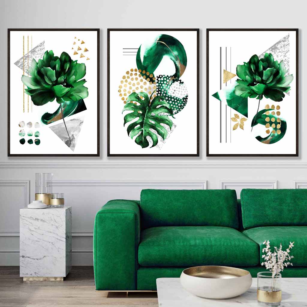 Abstract Green Gold Floral Set of 3 Art Prints