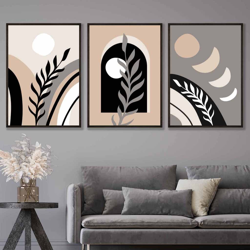 Boho Abstract Set of 3 Wall Art Prints in Black Beige and Grey