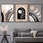 Boho Abstract Set of 3 Wall Art Prints in Black Beige and Grey