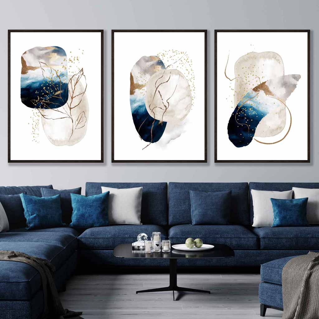 Abstract Textured Navy Blue, Ivory and Gold Set of 3 Wall Art Prints