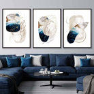 Abstract Textured Navy Blue, Ivory and Gold Set of 3 Wall Art Prints