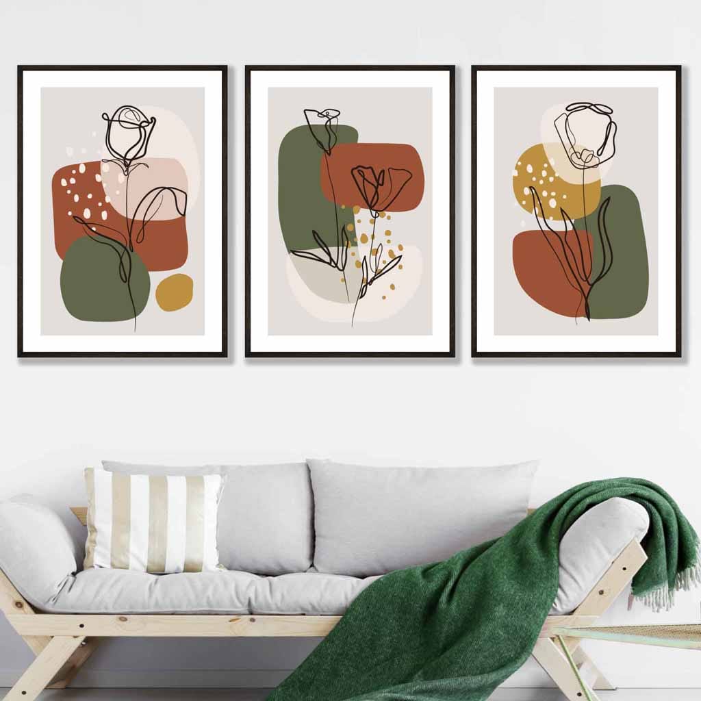 Floral Set of 3 Autumn Boho Wall Art Prints in Orange and Green