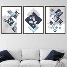 BOTANICAL Set of 3 Abstract GEOMETRIC Navy Blue and Aqua Floral Prints