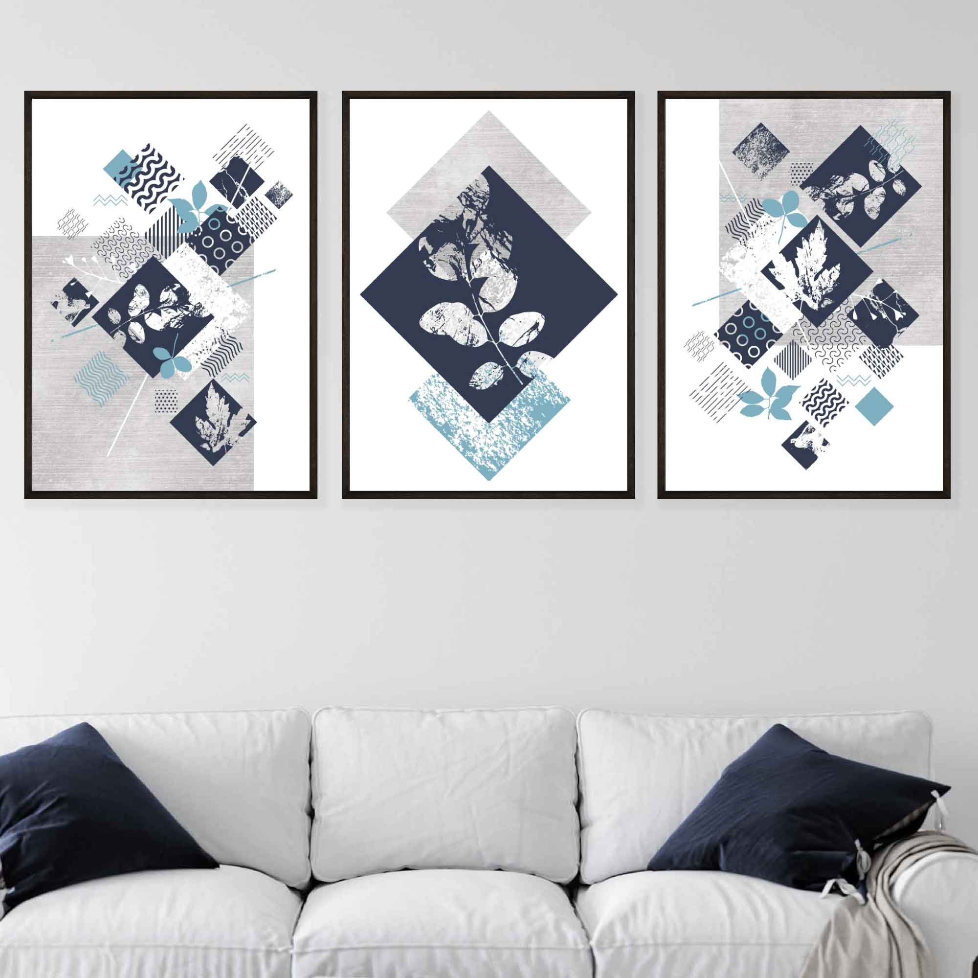 BOTANICAL Set of 3 Abstract GEOMETRIC Navy Blue and Aqua Floral Prints