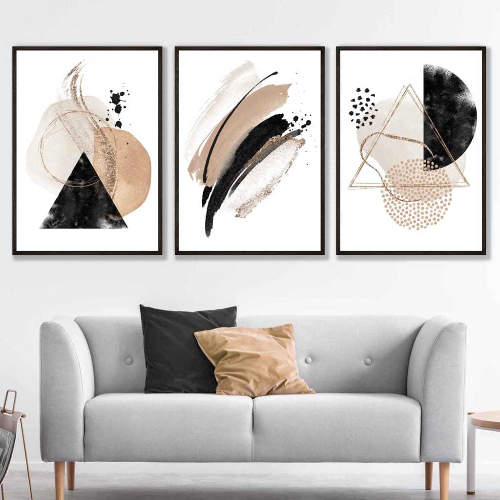 Abstract Black Beige Set of 3 Watercolour Art Prints