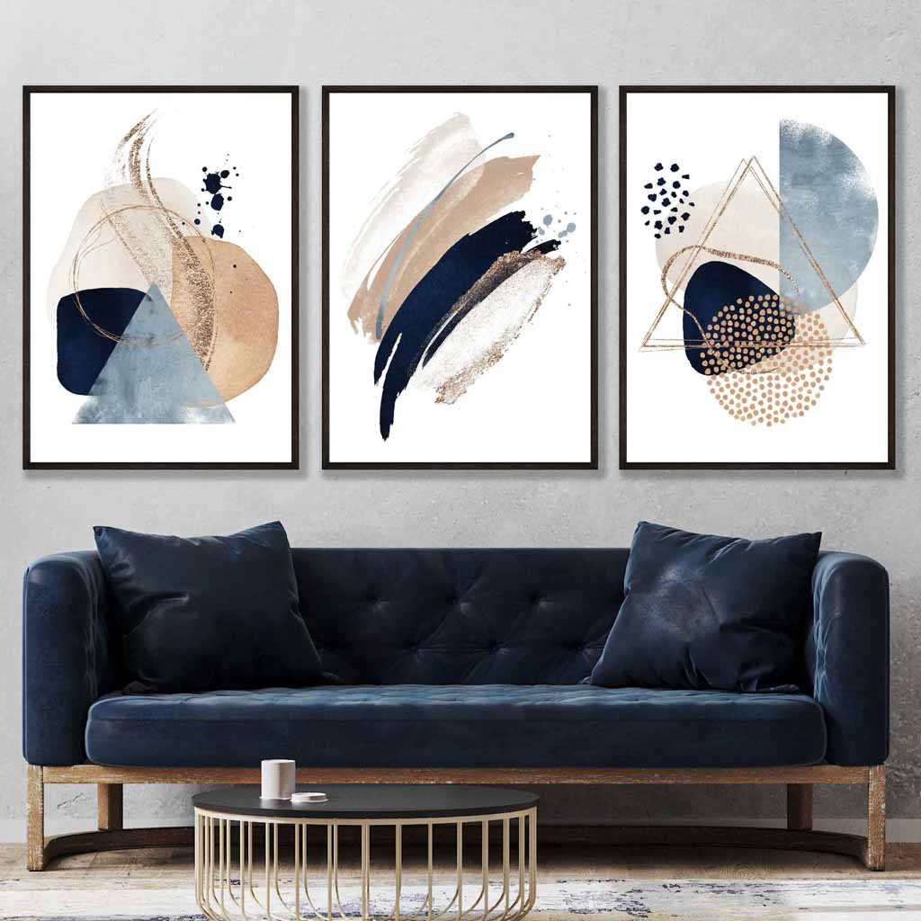 Set of 3 Abstract Beige Blue and Gold Wall Art Prints