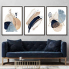 Set of 3 Abstract Beige Blue and Gold Wall Art Prints
