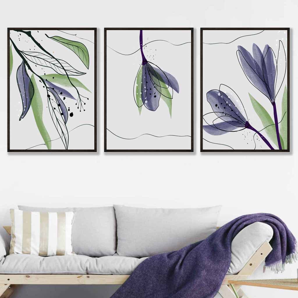 Set of 3 Line Art and Watercolour Spring Crocus Floral Art Prints
