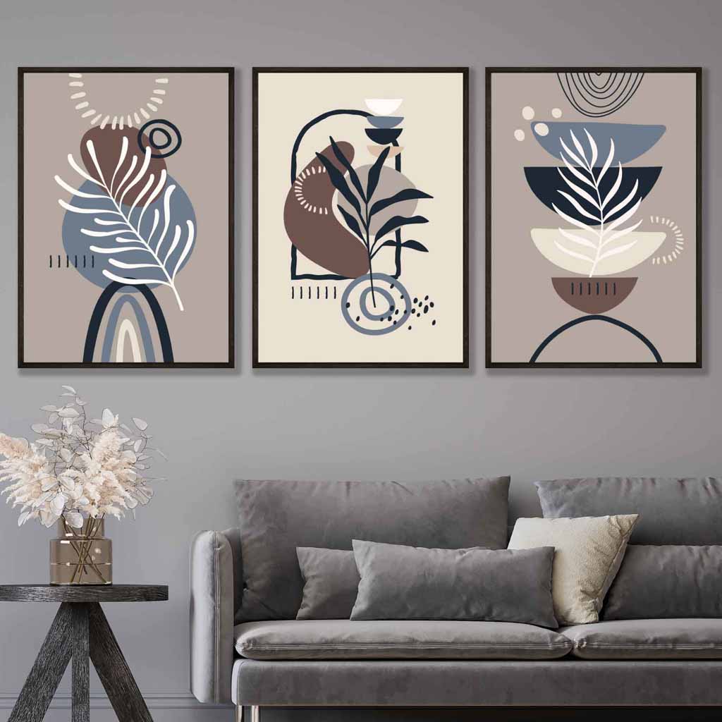 Boho Botanical Set of 3 Wall Art Prints in Black Beige Blue and Brown
