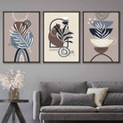 Boho Botanical Set of 3 Wall Art Prints in Black Beige Blue and Brown