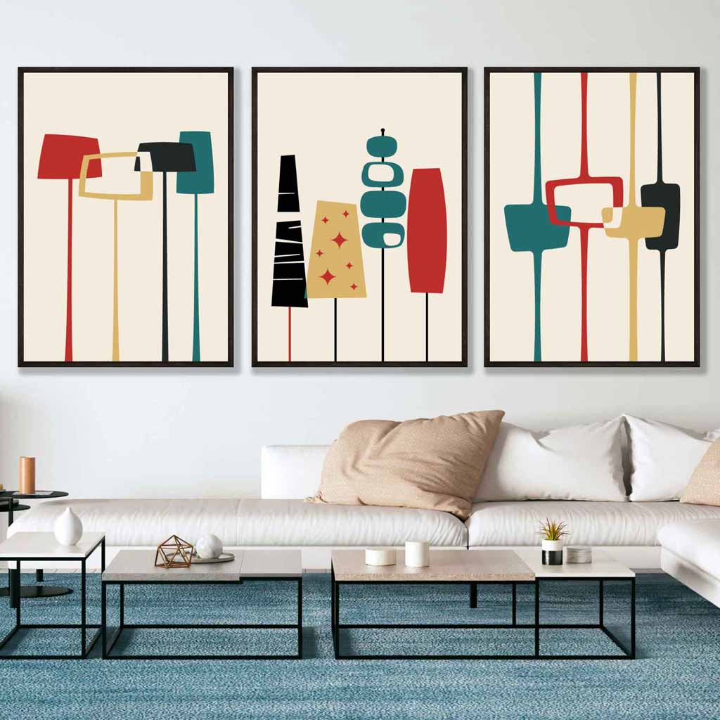 Mid Century Modern Set of 3 Wall Art Prints in Teal Red Yellow