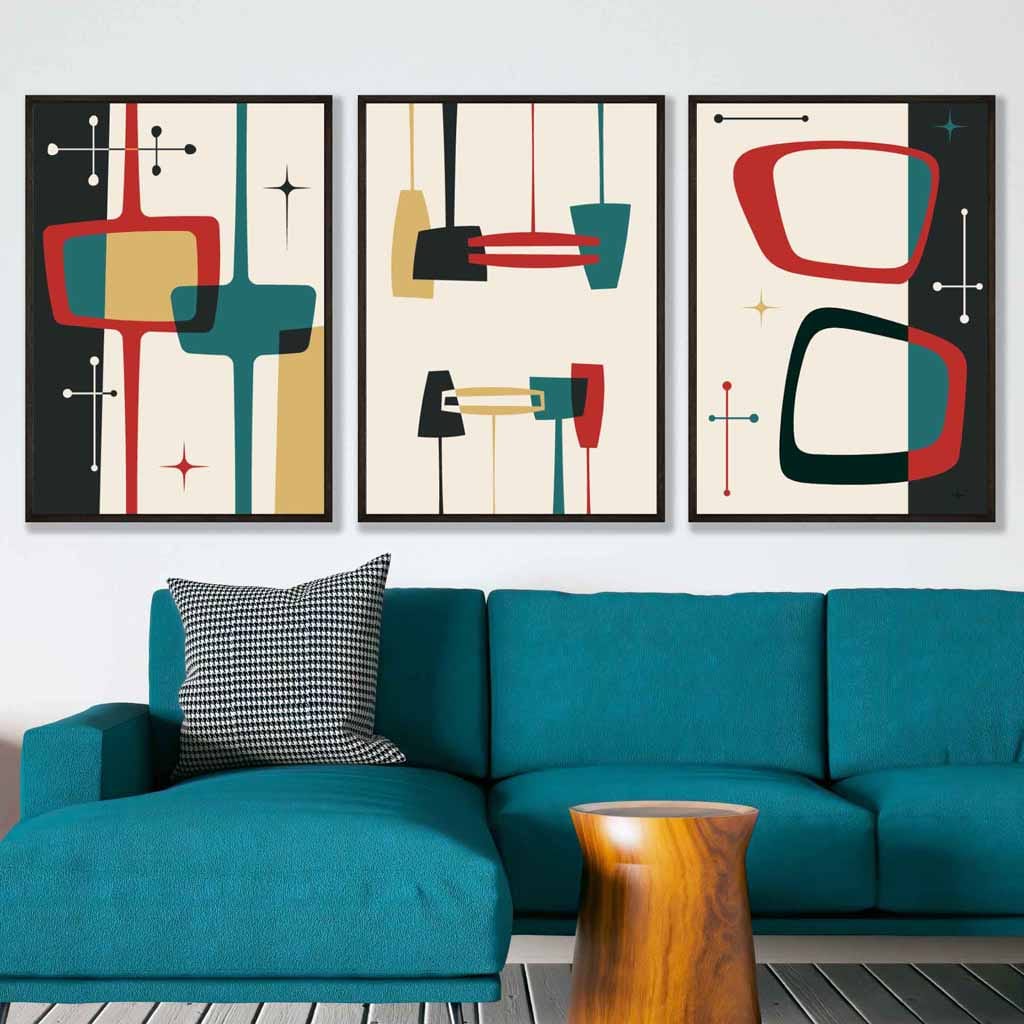 Mid Century Modern Set of 3 Wall Art Prints in Black Teal Red Yellow
