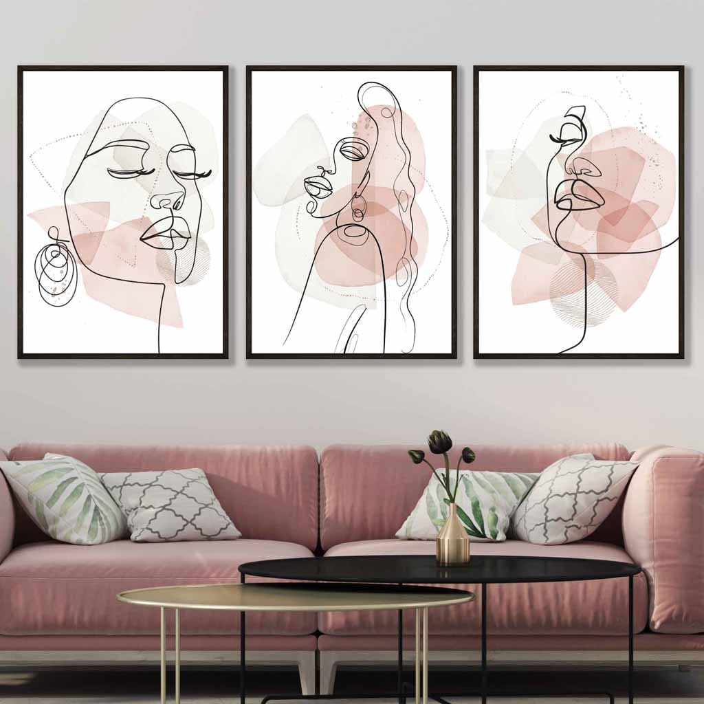 One Line Set of 3 Fashion Faces Wall Art Prints in Pink and Ivory