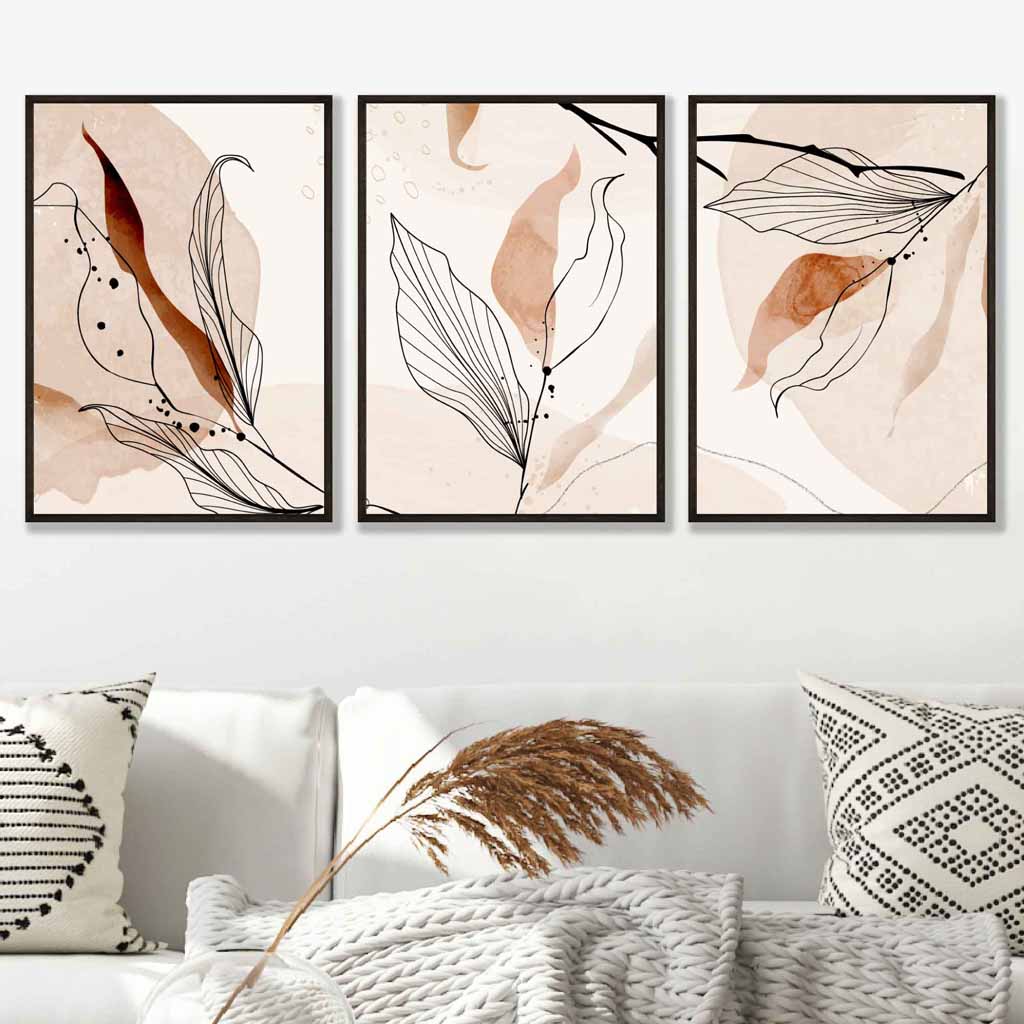 Set of 3 Line Art and Watercolour Autumn Leaves Art Prints
