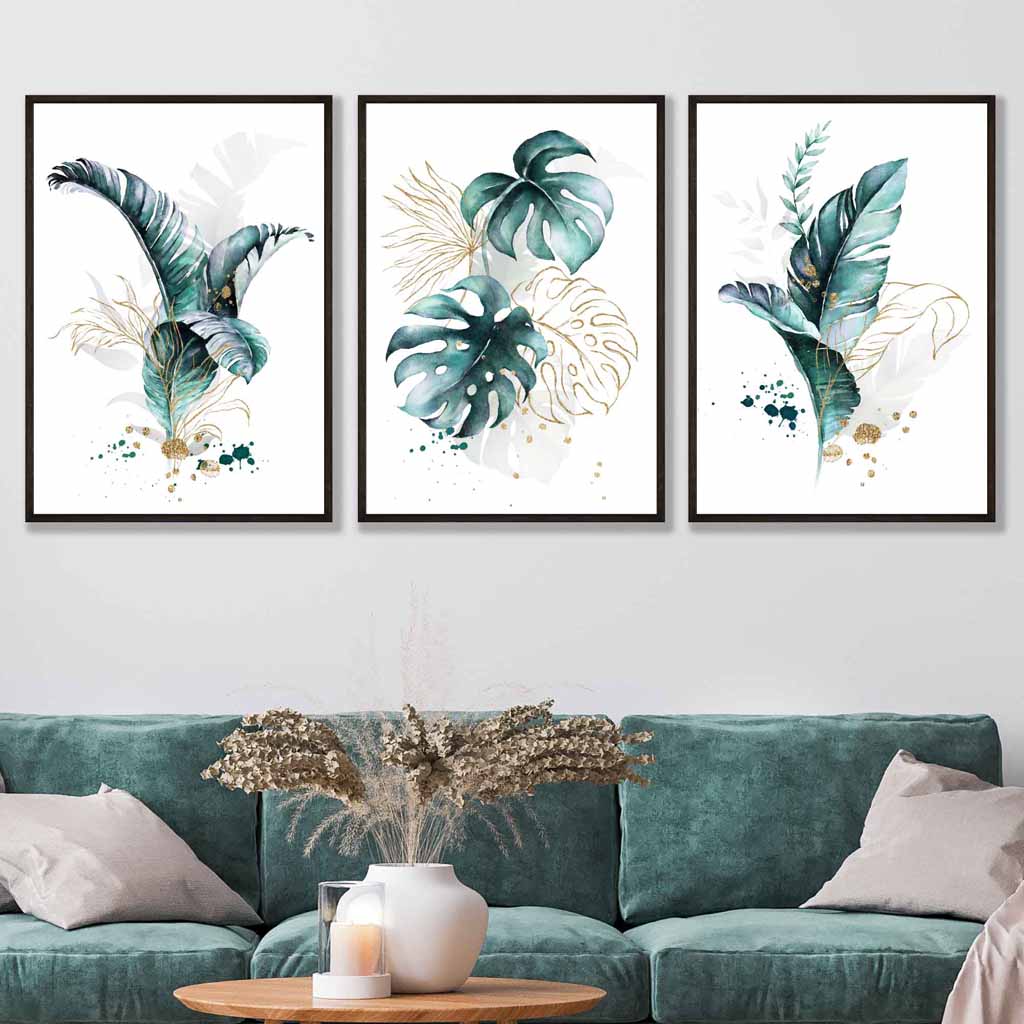 Teal Blue and Gold Botanical Set of 3 Floral Wall Art Prints