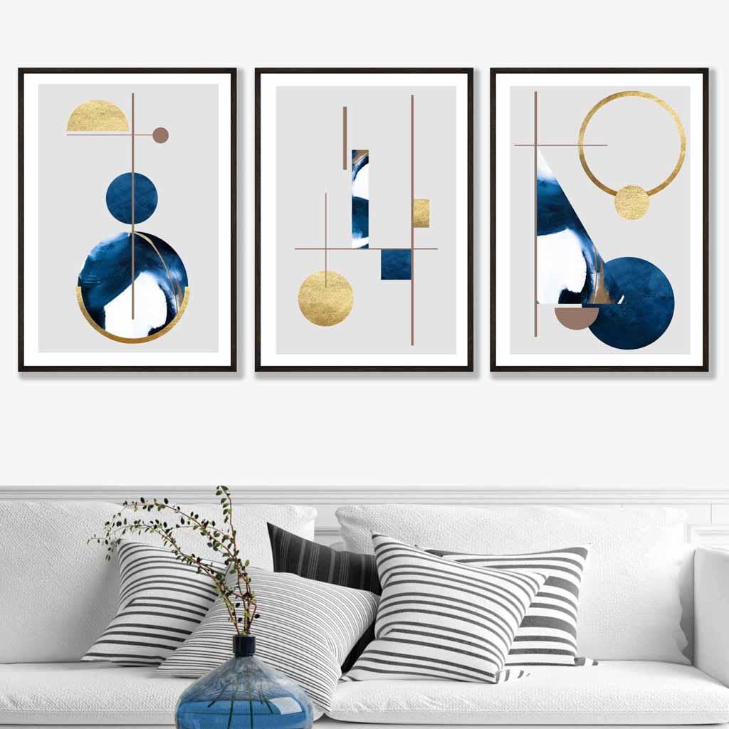 Abstract Set of 3 Textured Geometric Art Wall Art Prints in Navy Blue and Gold