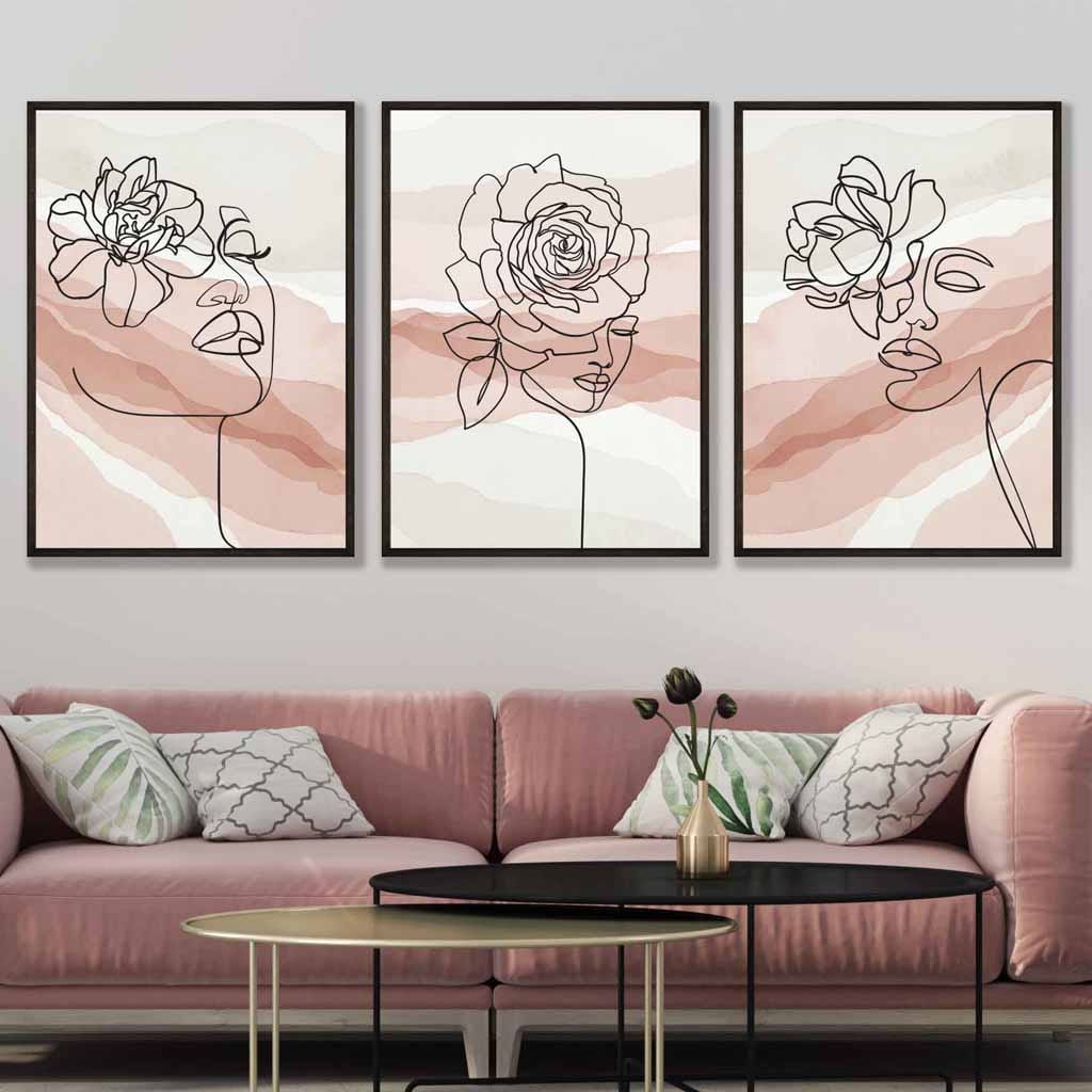 Set of 3 Line Art Floral Faces on Pink and Beige Watercolour Art Posters