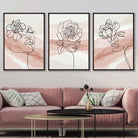 Set of 3 Line Art Floral Faces on Pink and Beige Watercolour Art Posters
