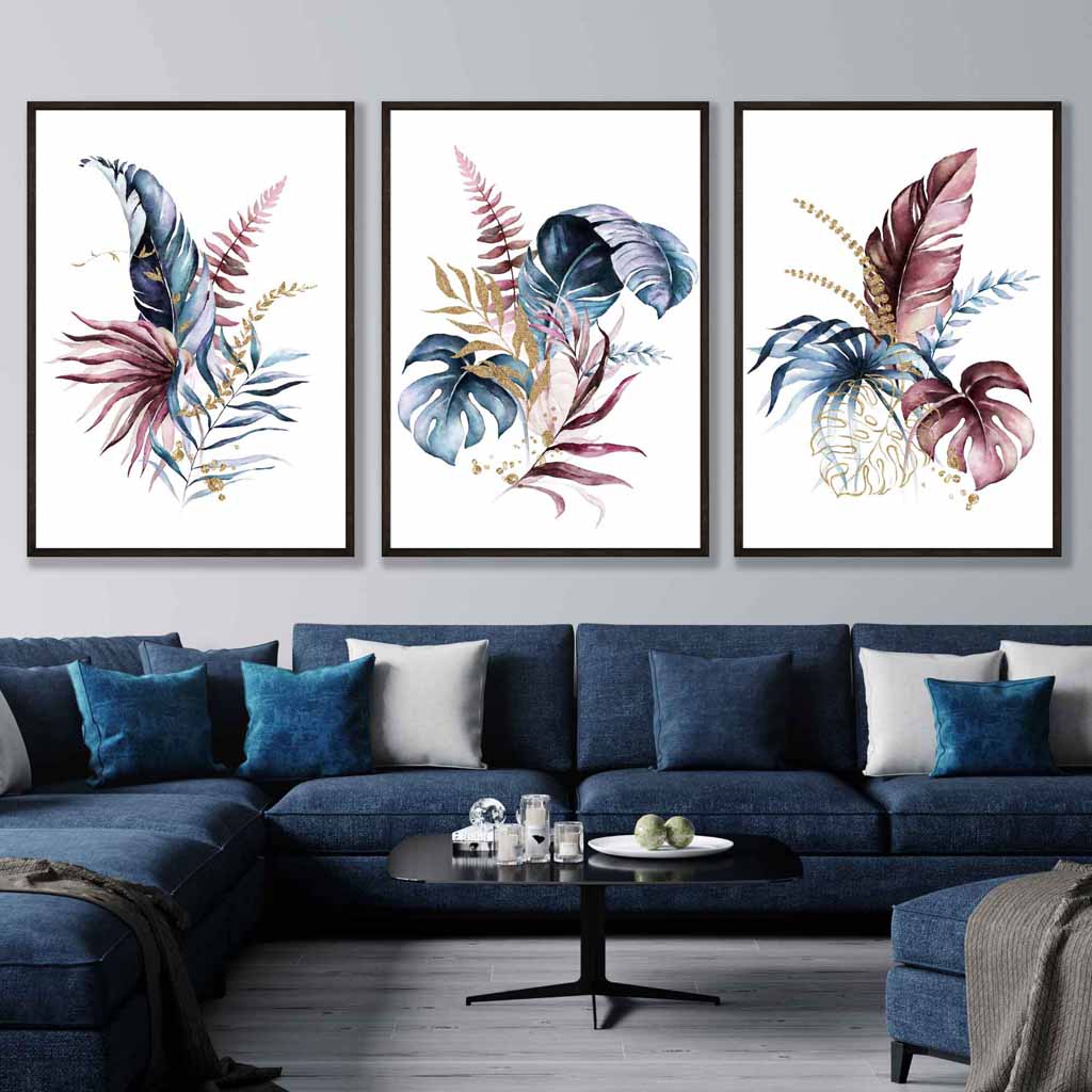 Botanical Set of 3 Pink and Blue Floral Wall Art Prints