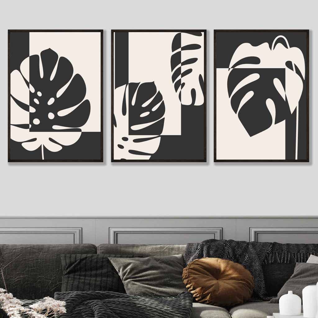 Set of 3 Black Graphical Monstera Botanical Art Prints