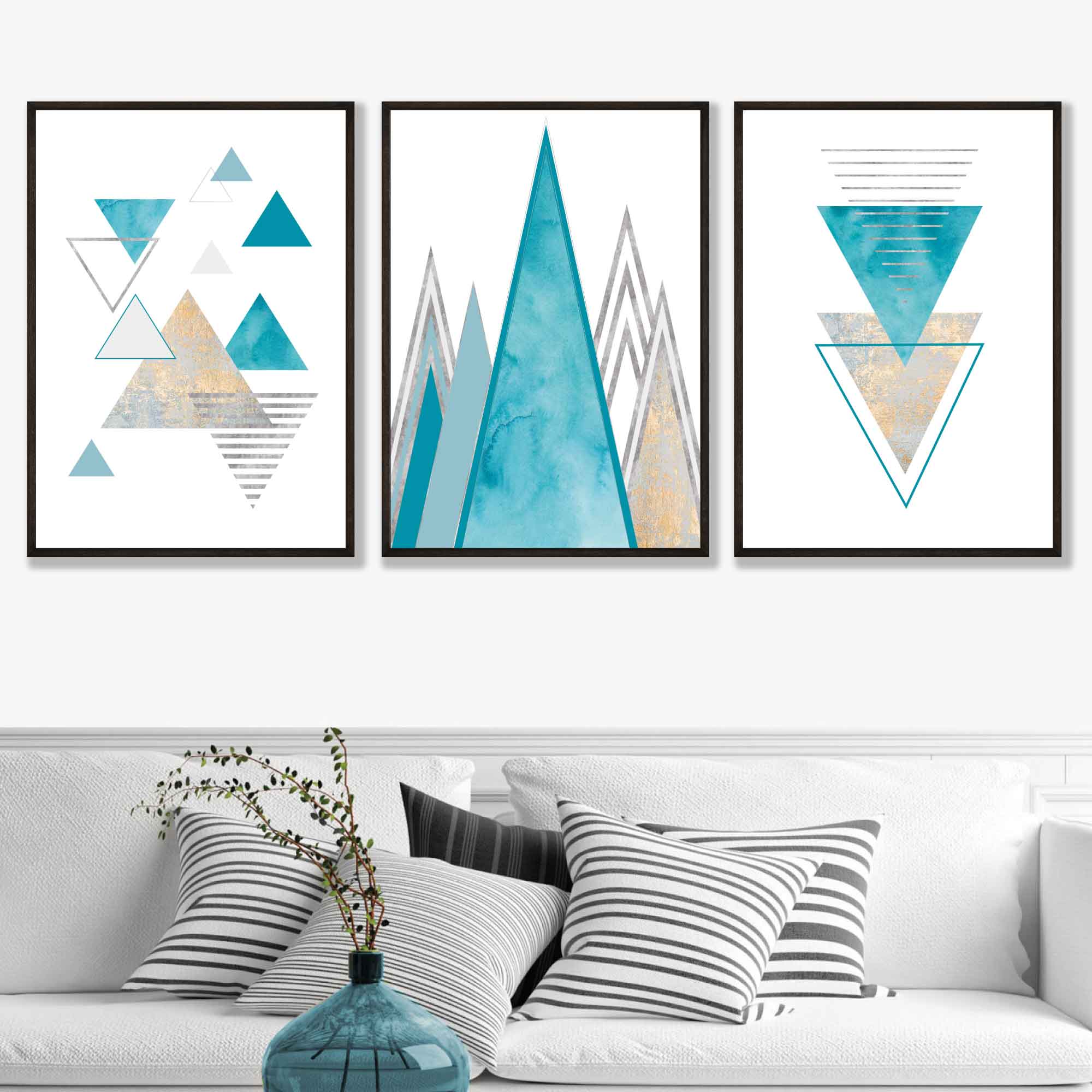 GEOMETRIC set of 3 Aqua Blue and Gold Art Prints Abstract Triangles