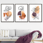 Set of 3 Peonies Memphis Style Purple and Orange Wall Line Art Prints