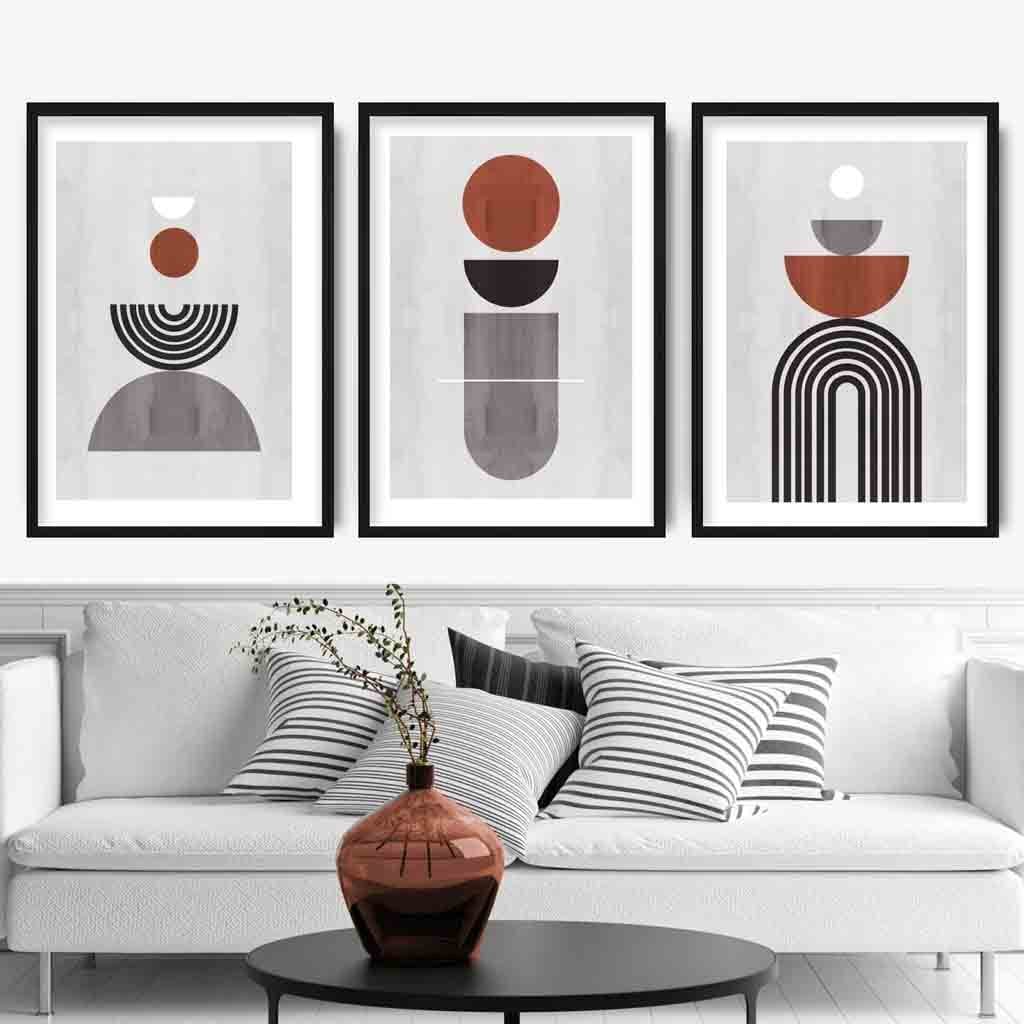 Geometric Black Grey Terracotta Set of 3 Art Prints