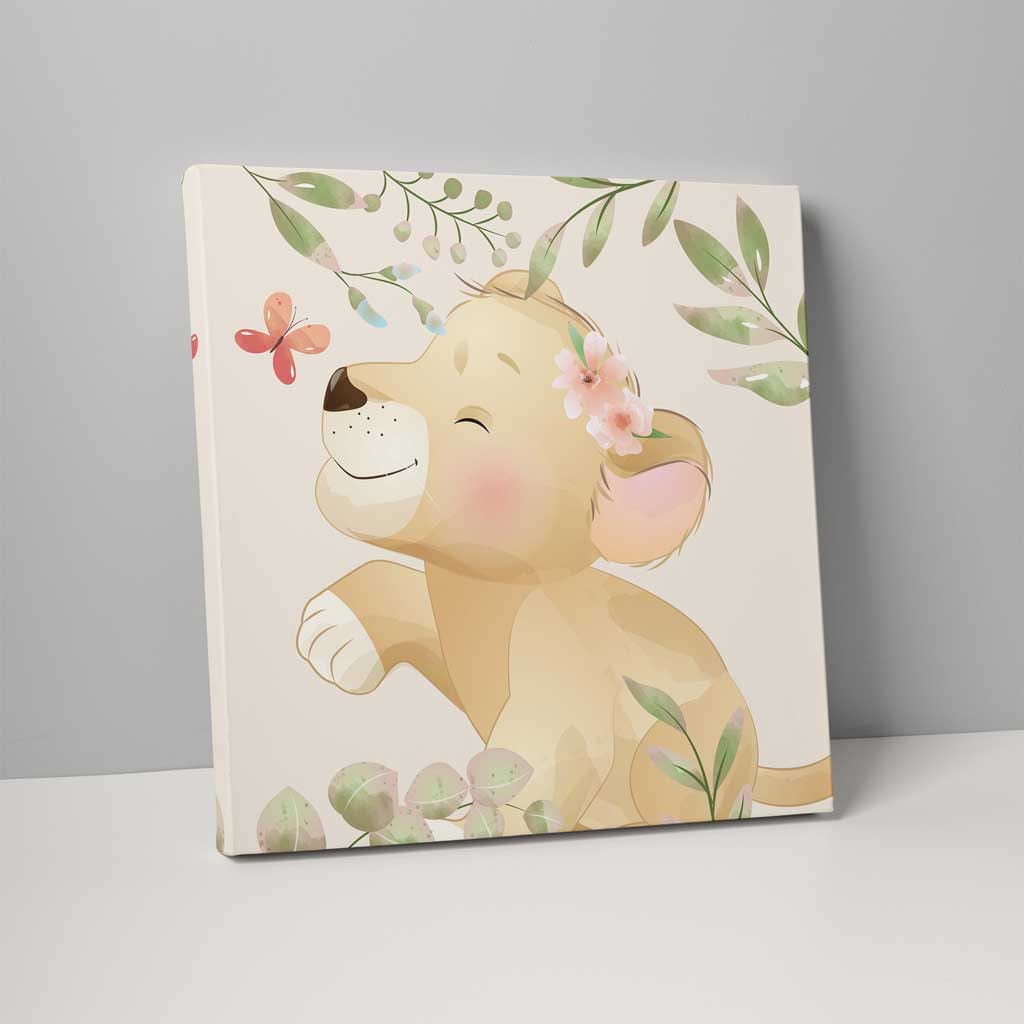 Floral Lion Nursery Print in Beige and Orange on Canvas