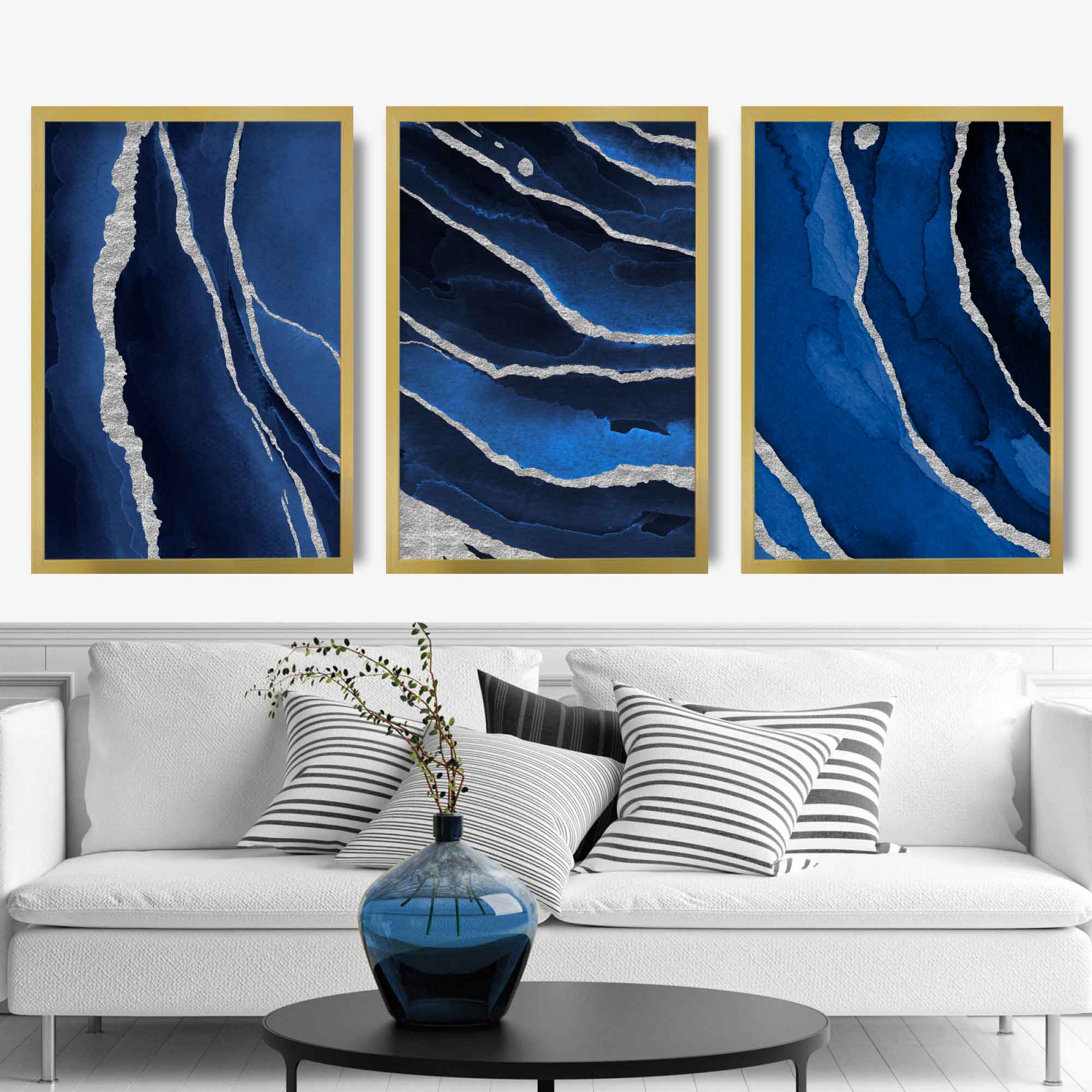 Framed Set of 3 Navy and Silver Abstract Art Prints | Artze Wall Art UK
