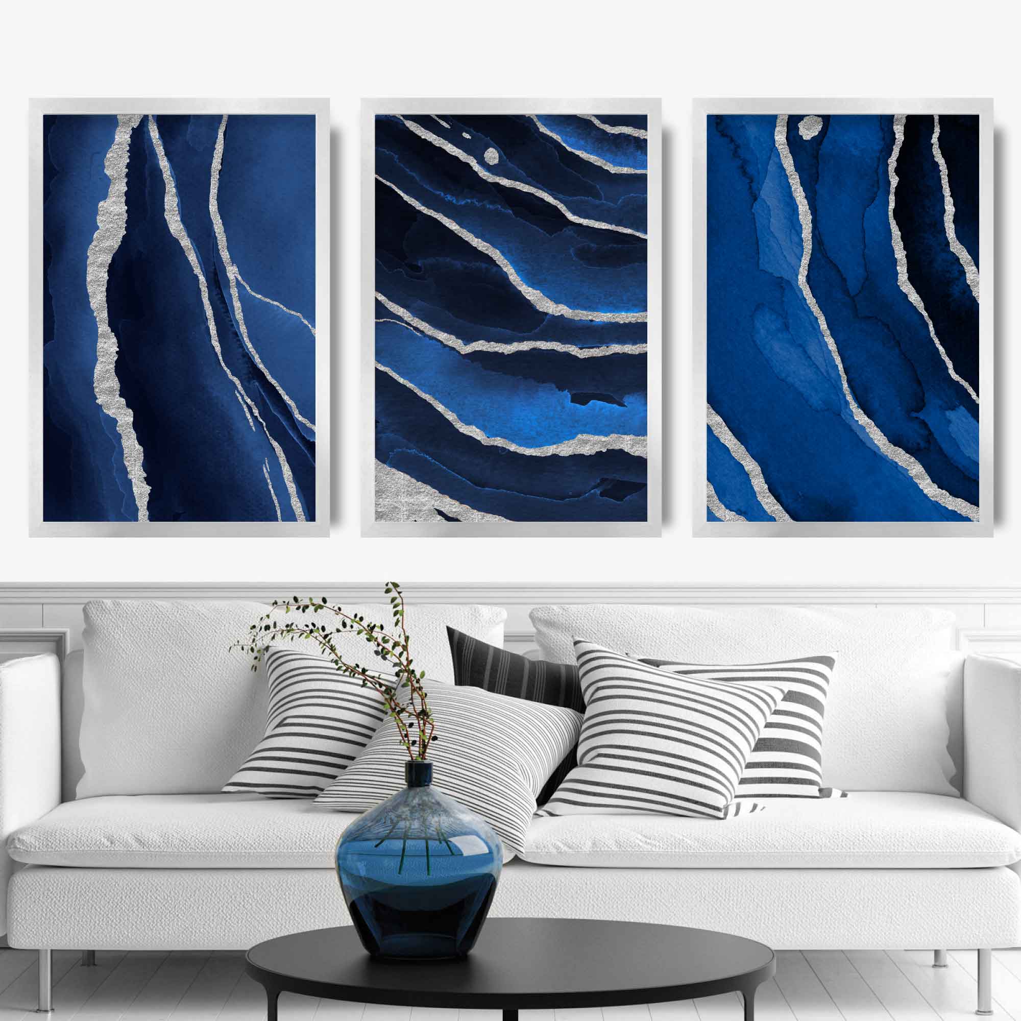 Framed Set of 3 Navy and Silver Abstract Art Prints | Artze Wall Art UK
