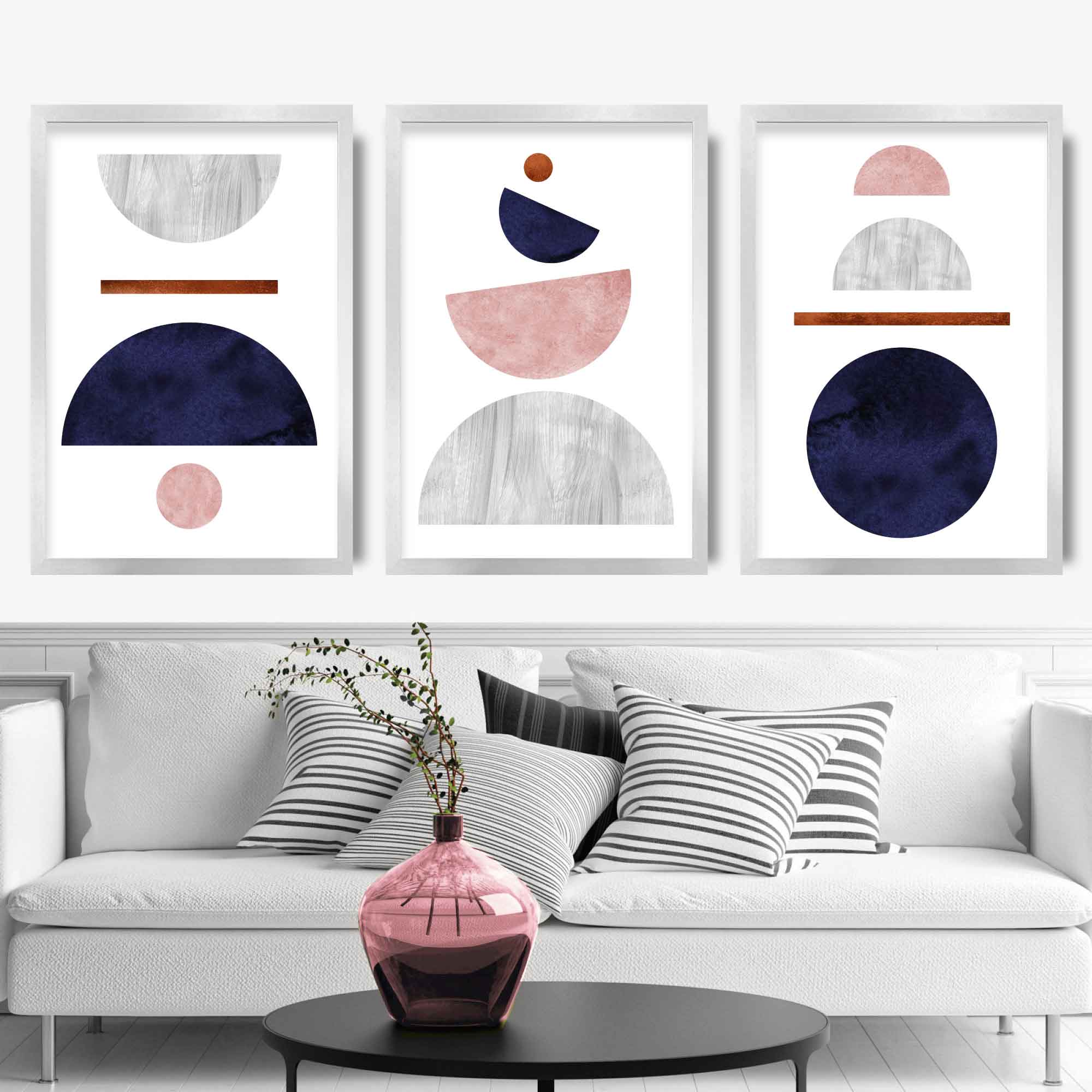 Geometric Abstract Navy Blue, Blush Pink and Copper No 4