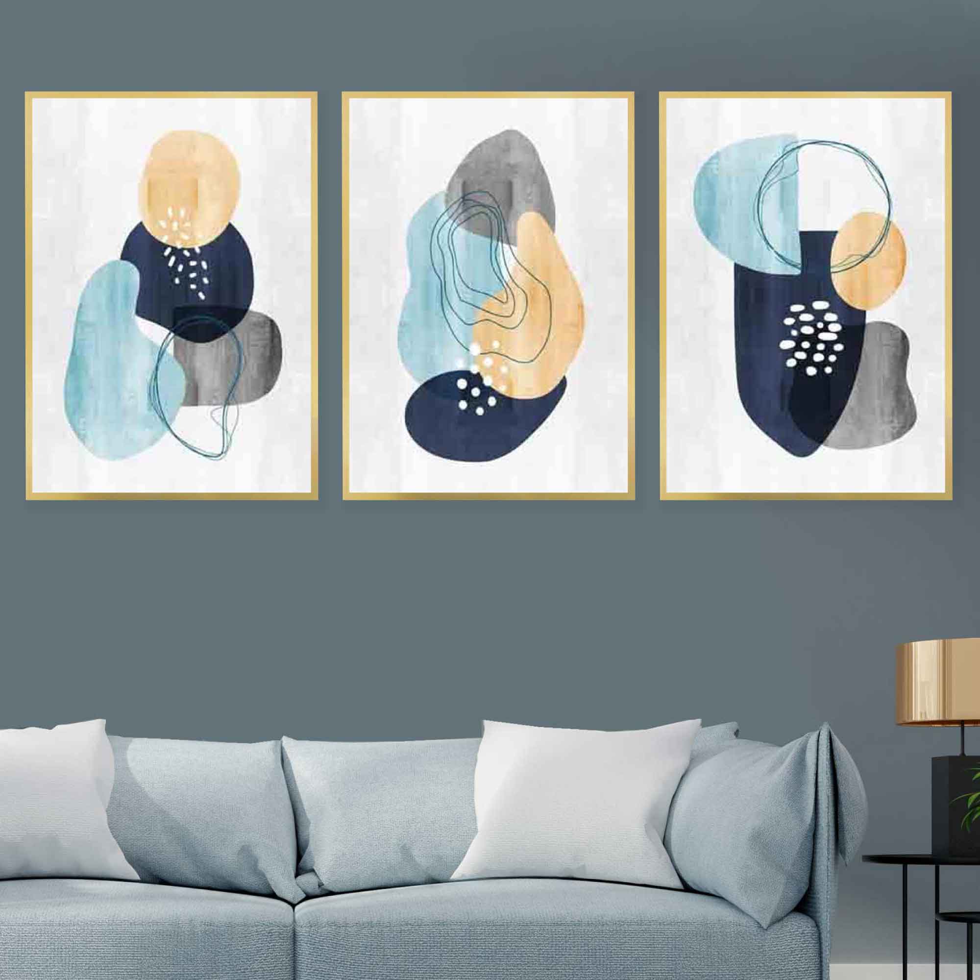 Abstract Navy Grey Yellow Set of 3 Art Prints