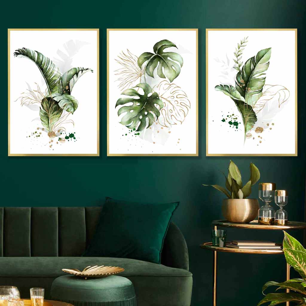 Botanical Set of 3 Green and Gold Floral Wall Art Prints